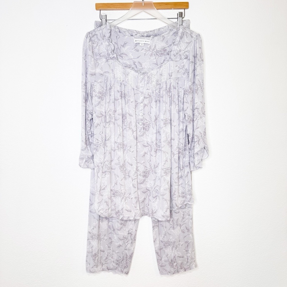 Eileen West Womens Pajama Pant Set Size Medium Gray Floral Modal Stretch Cottage